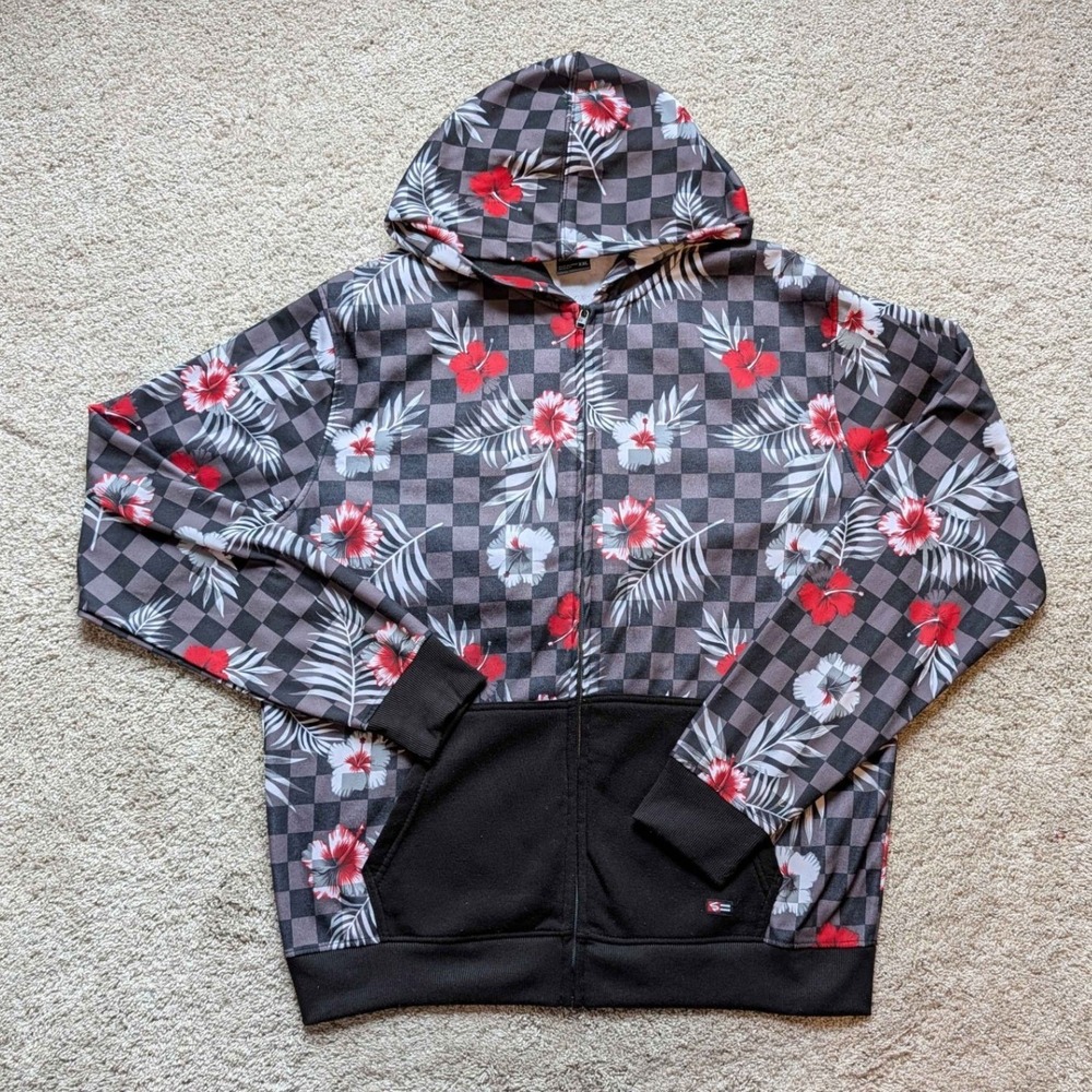 Southpole Zip Hoodie‎ Mens XXL Black Grey Checkerboard Floral Hibiscus
